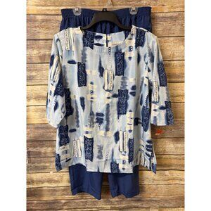 Graver Studio Silky Blues Petite Print‎ Tunic & Chambray Pants Set 2X NWT